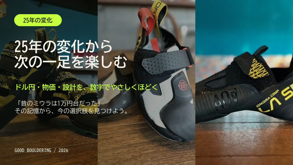 ミウラVS、マンダラ、オンドラコンプと、クライミングシューズの25年の価格変化を考える見出し
