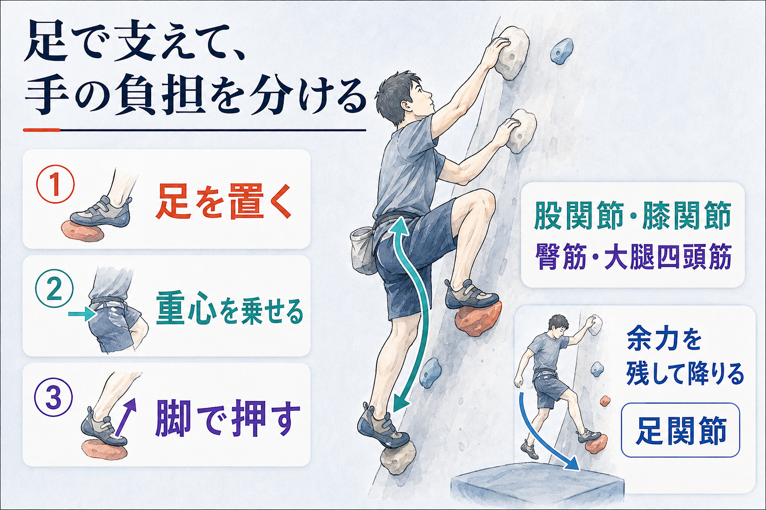 足を置く、重心を乗せる、脚で押す動作のイラスト。股関節・膝関節と臀筋・大腿四頭筋を使い、余力を残して降りる