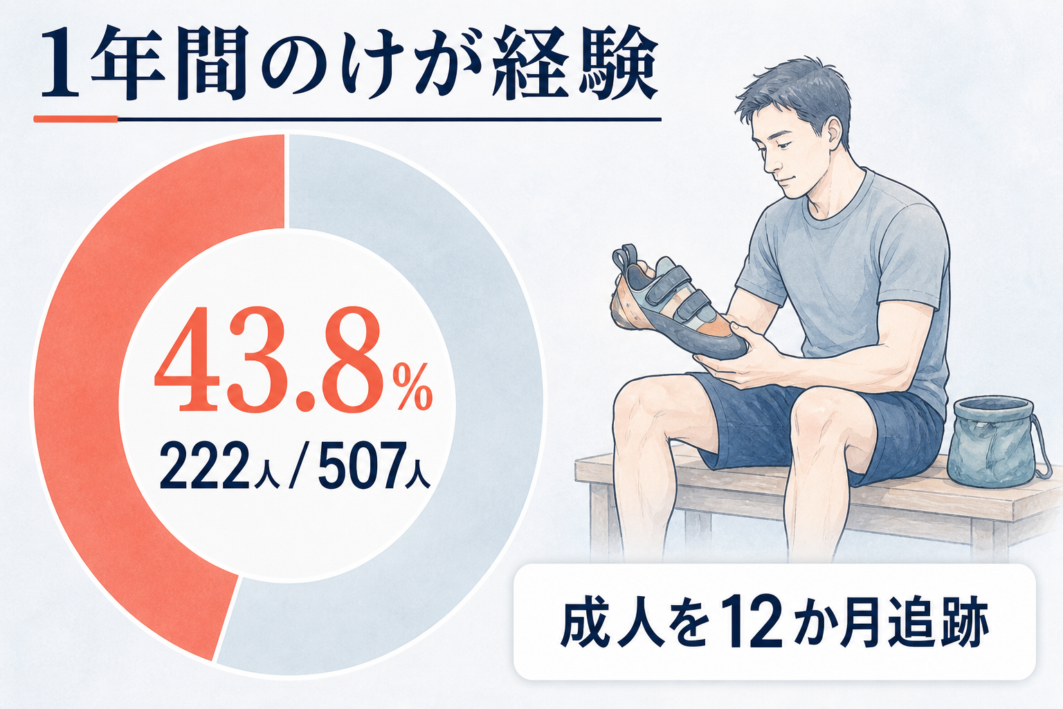 成人の屋内ボルダラー507人中222人、43.8％が1年間にけがを経験した調査の円グラフ