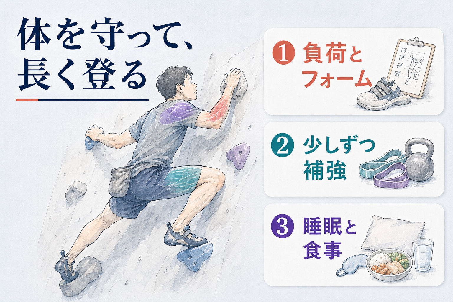 足で支えて登るクライマーのイラスト。負荷とフォーム、少しずつ補強、睡眠と食事の3つを優先する