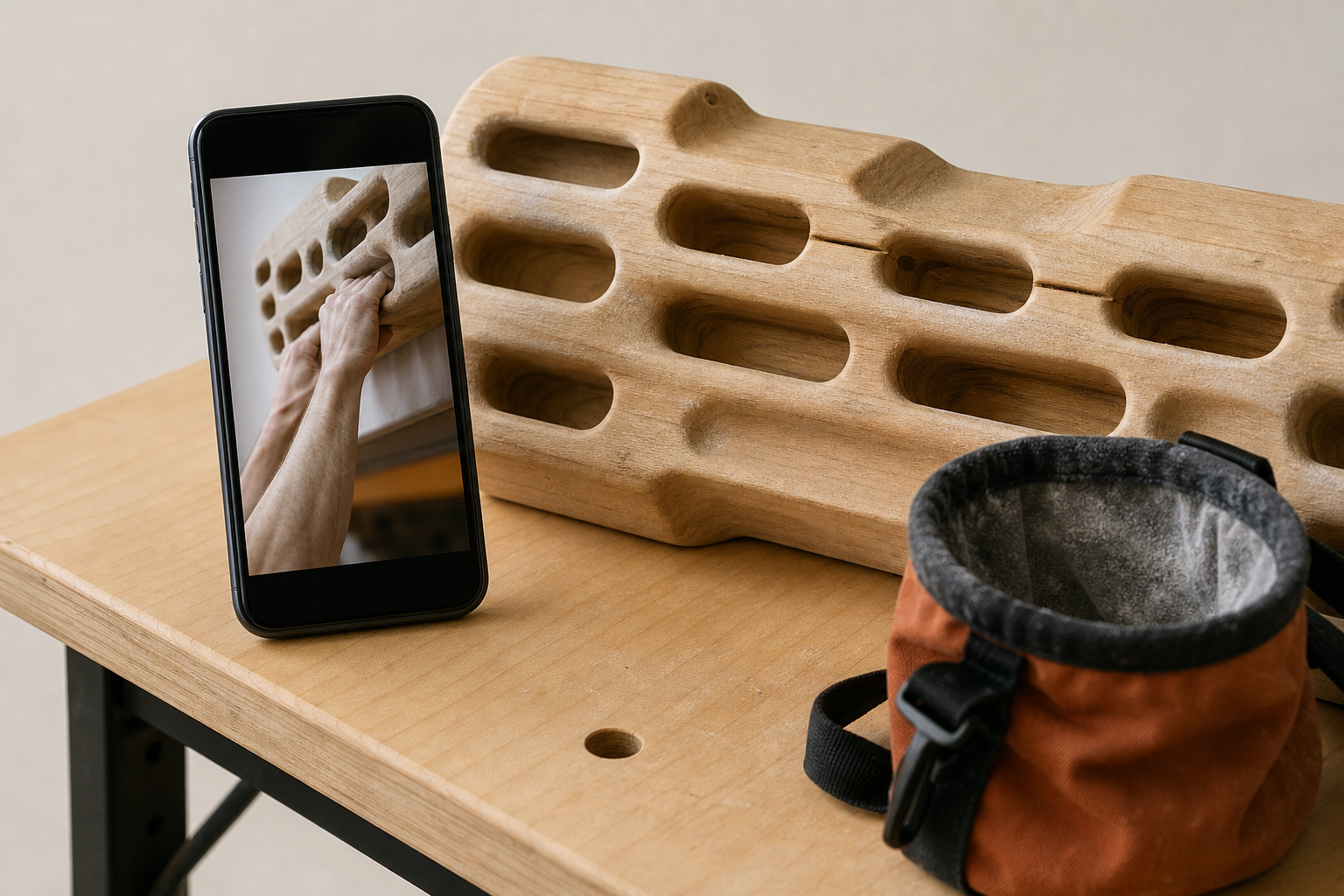 スマートフォンの短尺動画とハングボードを見比べる場面